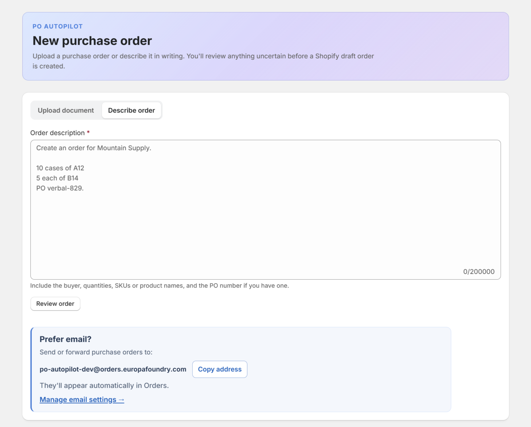 The Describe order tab, showing the order description field