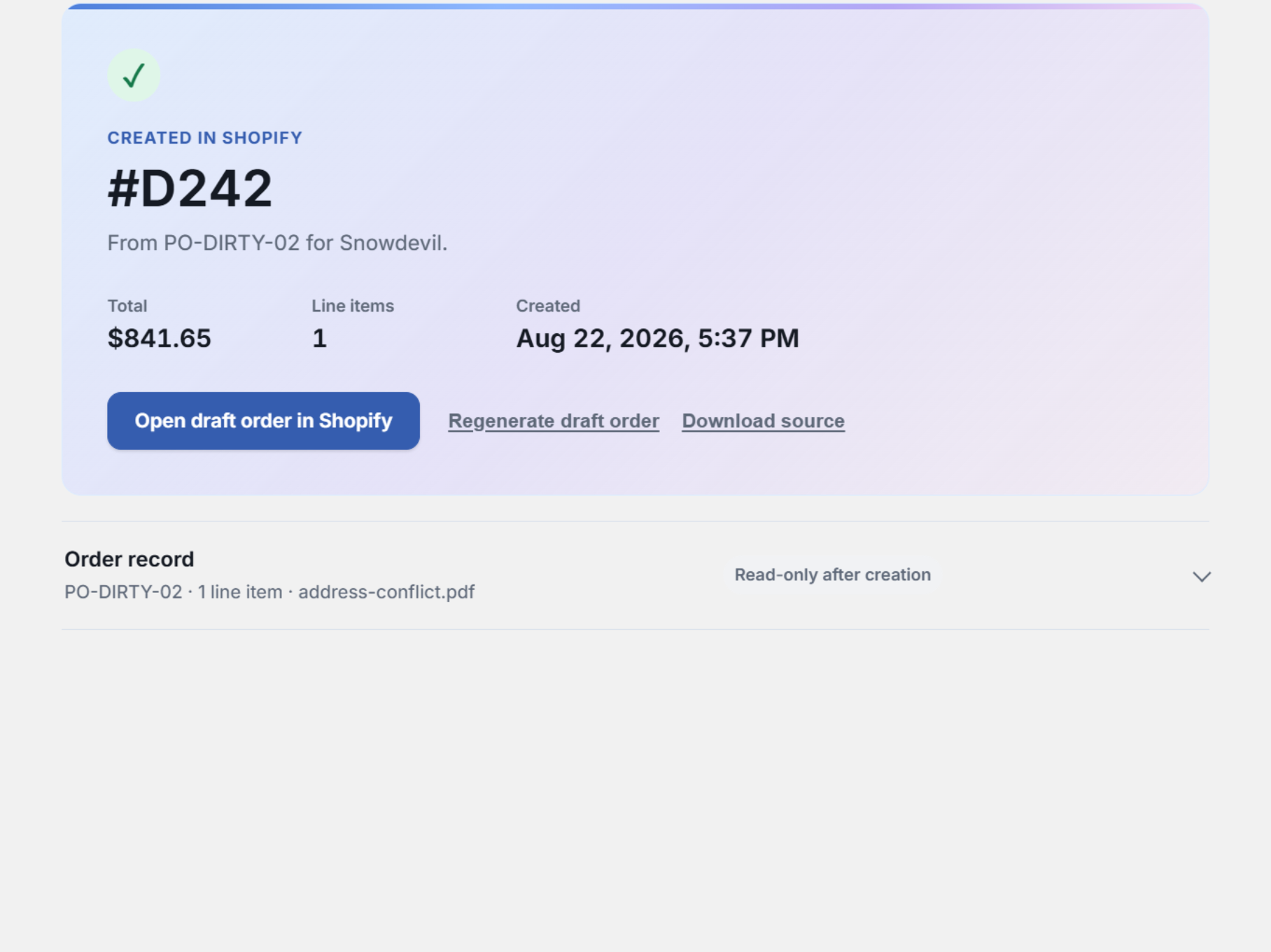 Confirmation linking to the newly created Shopify draft order