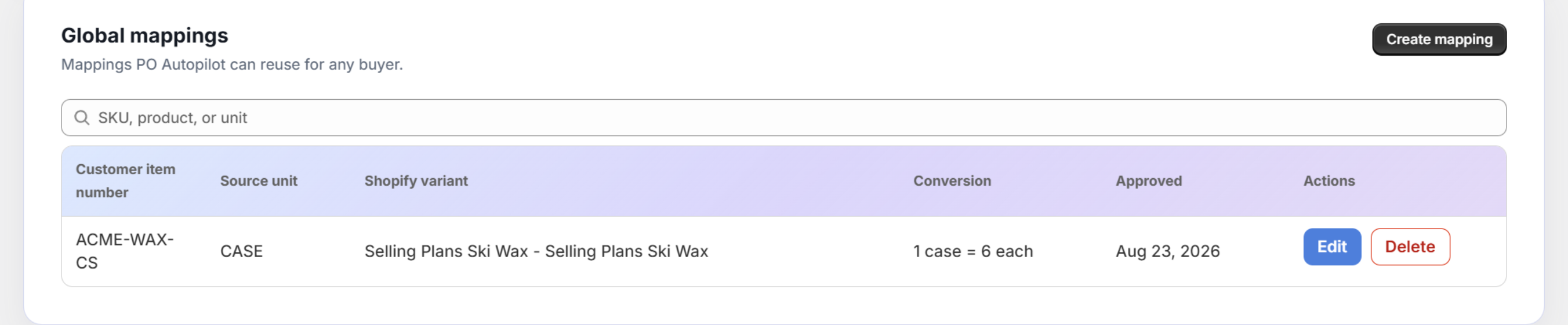 PO Autopilot mappings list showing a customer item number, source unit, Shopify variant, and case-pack conversion