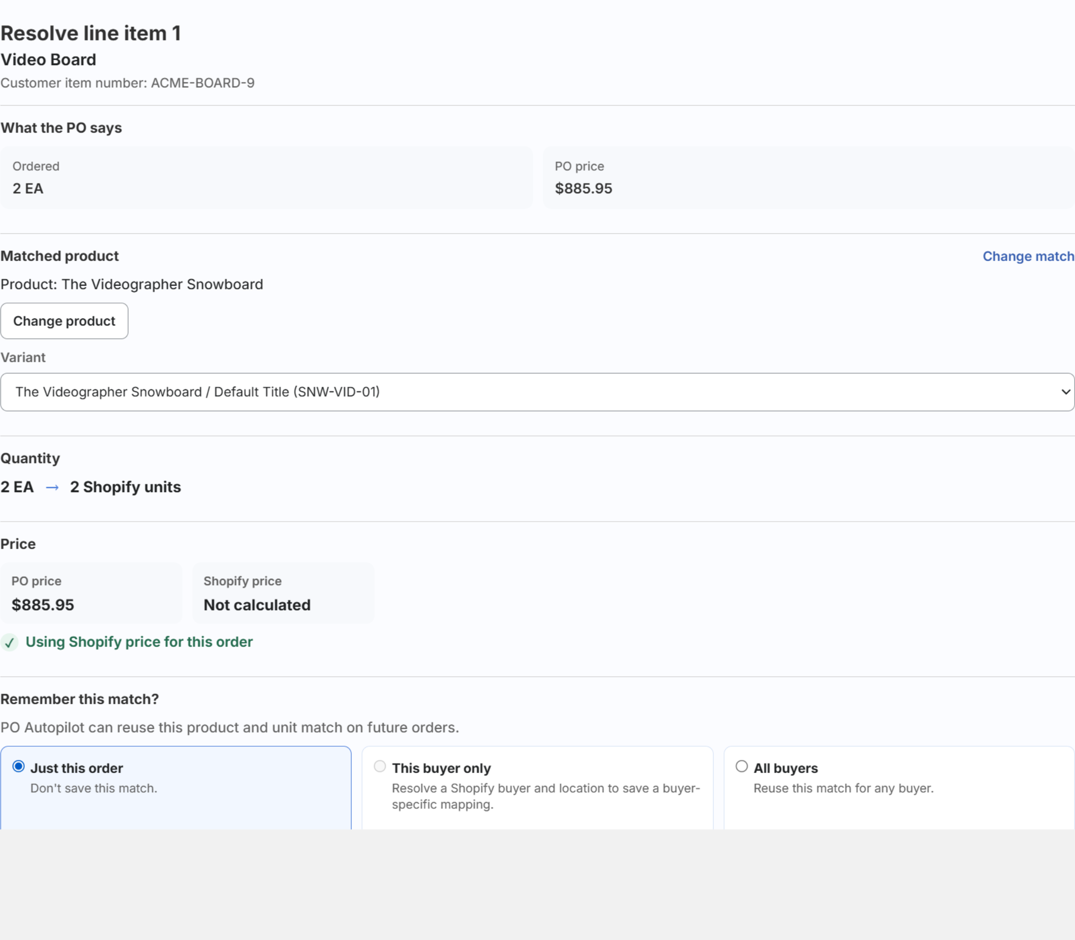 Line-item resolver showing the matched Shopify product and mapping scope options