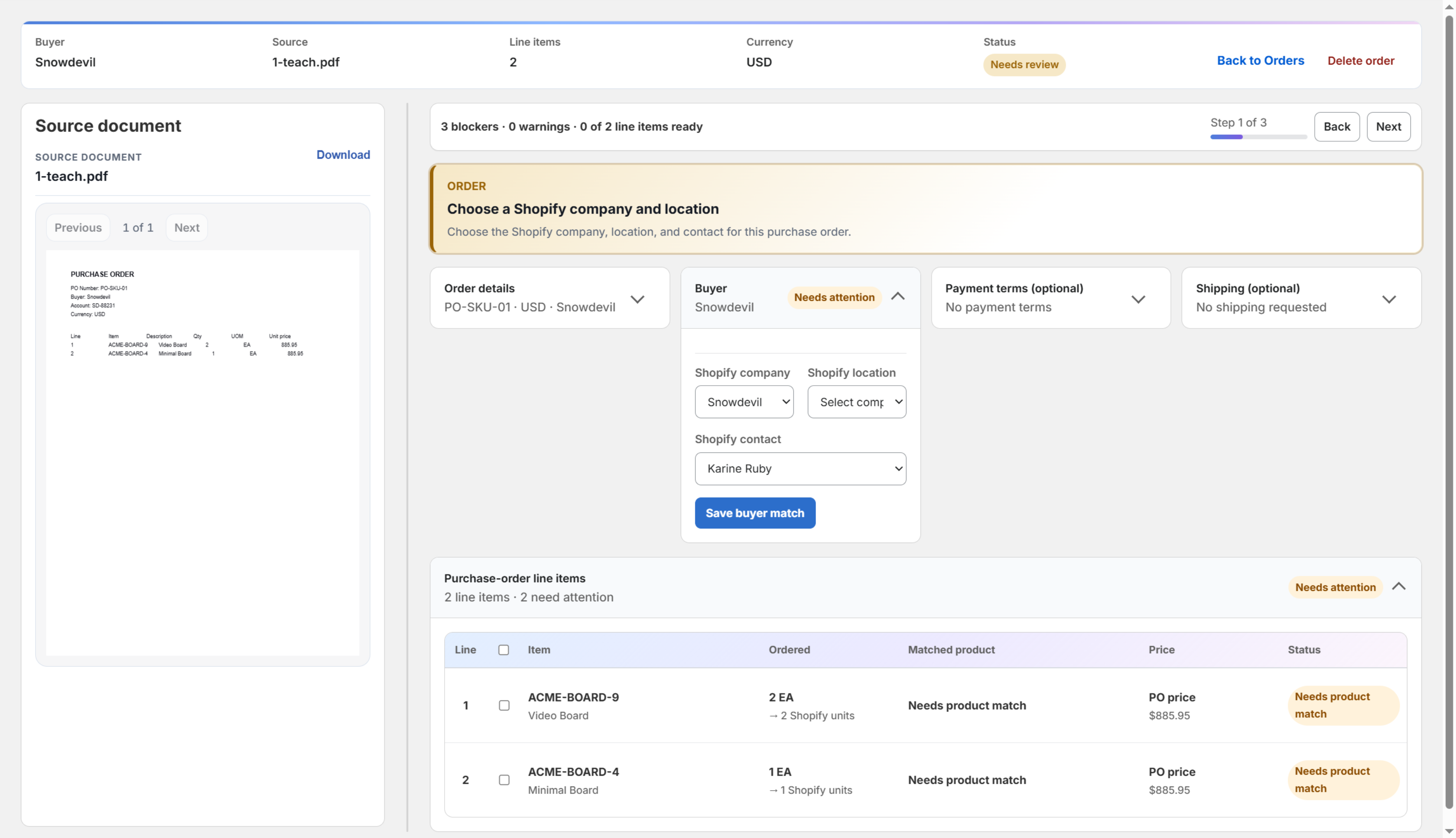 PO Autopilot Review screen showing a source purchase order beside open blockers