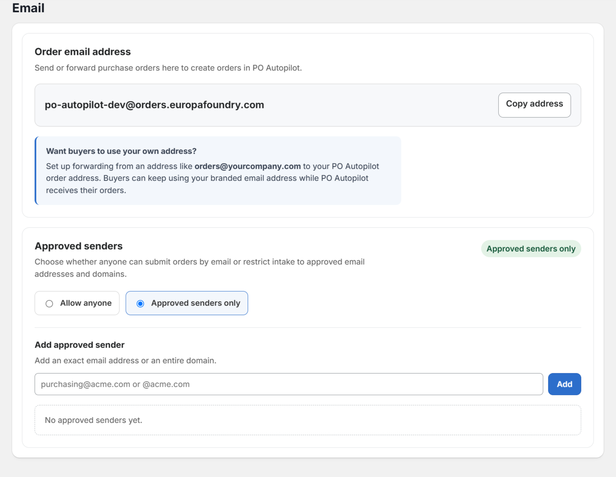 The approved sender controls in Settings with approved senders listed