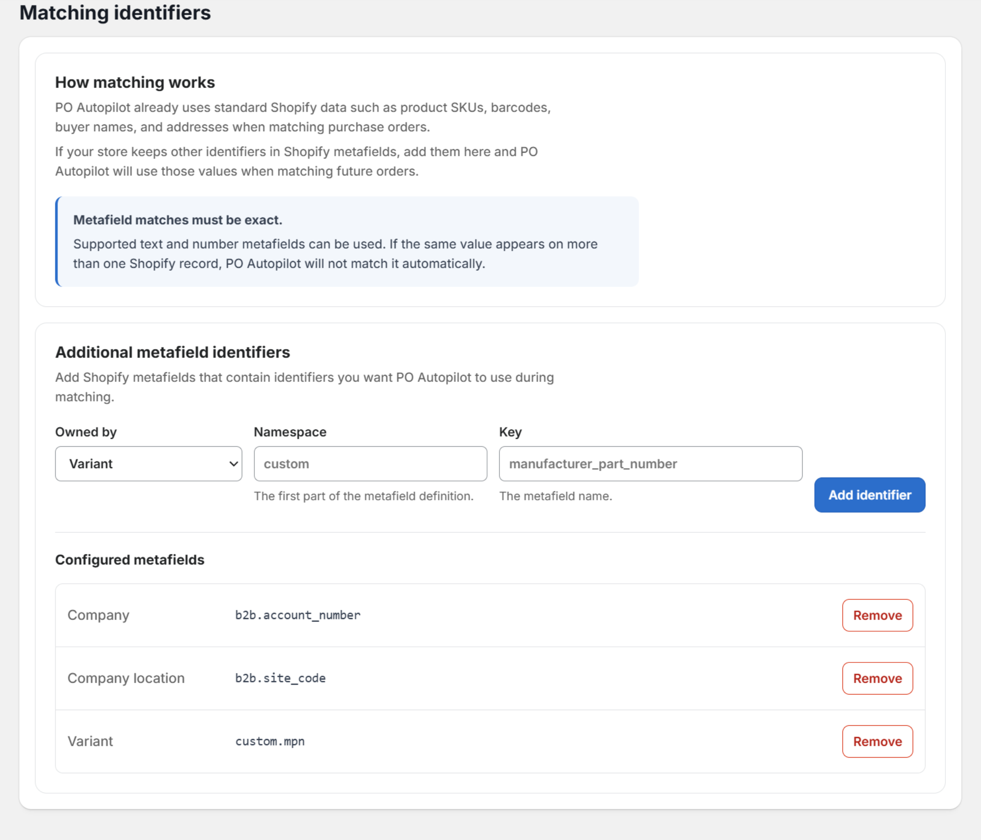 The Matching identifiers section of Settings, with the form for adding a metafield and a list of configured ones