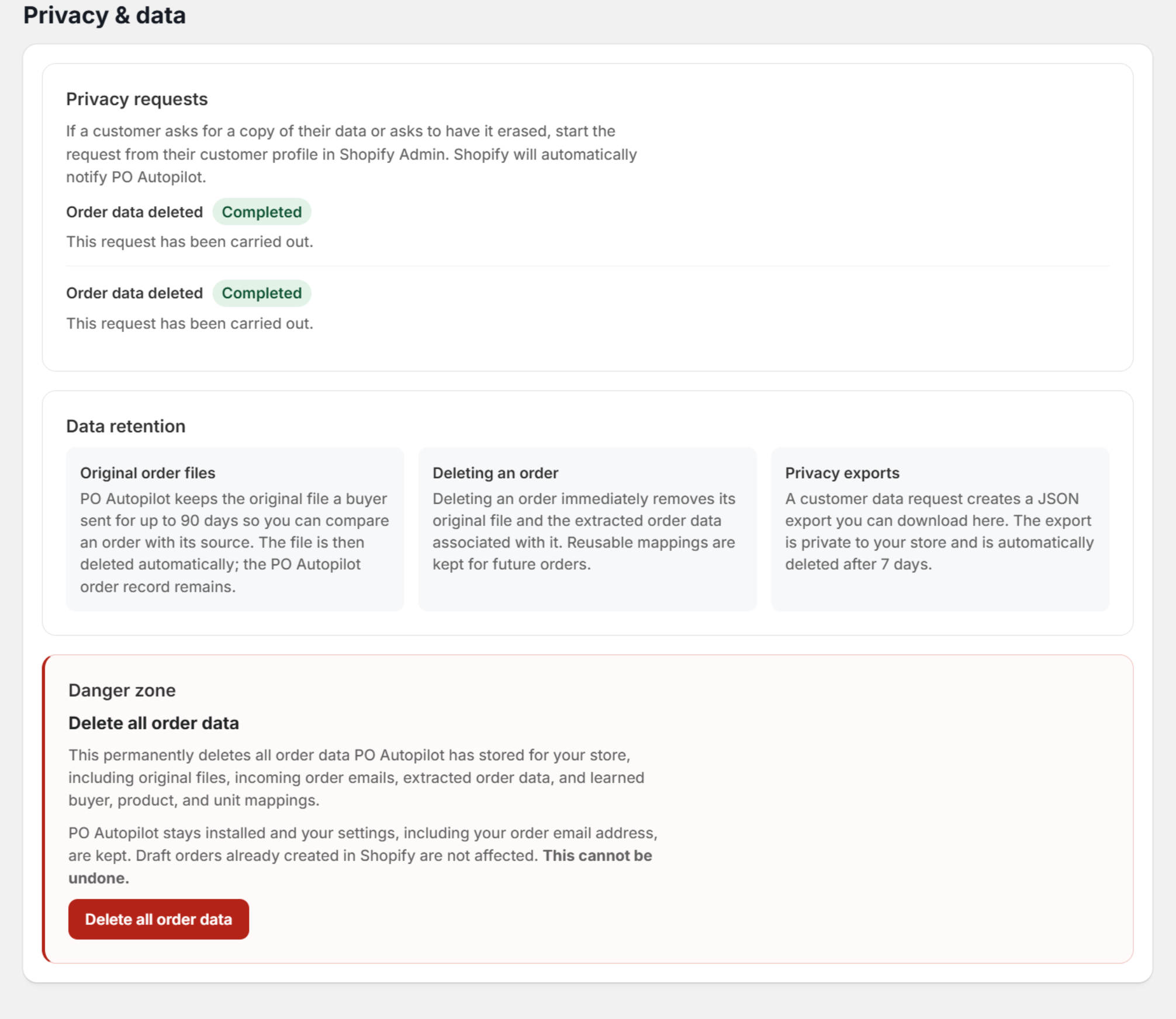 The Privacy and data section of Settings, showing privacy requests, data retention and the danger zone