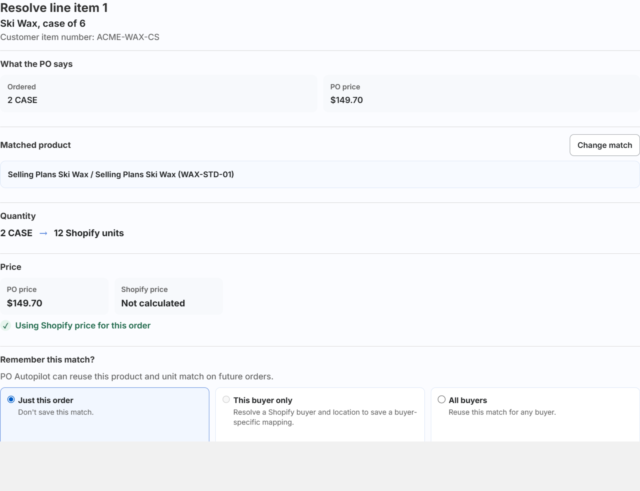 Defining how many Shopify units are in one of the buyer's units